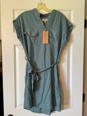 New Thread Supply Turquoise Aqua short sleeve shirt dress sz medium casual linen